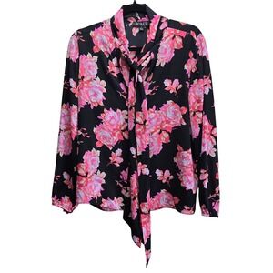 J‎ Crew Floral Tie V Neck Blouse Small Black Pink Roses Career Feminine Romantic